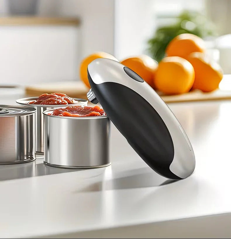 Ergonomic electric can opener cutting tin can on kitchen counter, ideal for limited mobility