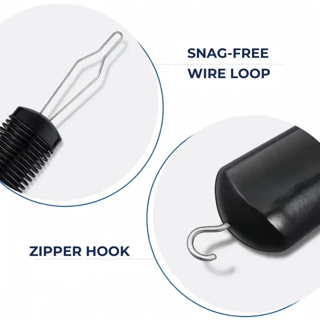 Adaptive zipper hook and snag-free wire loop tool for easy dressing, black handle