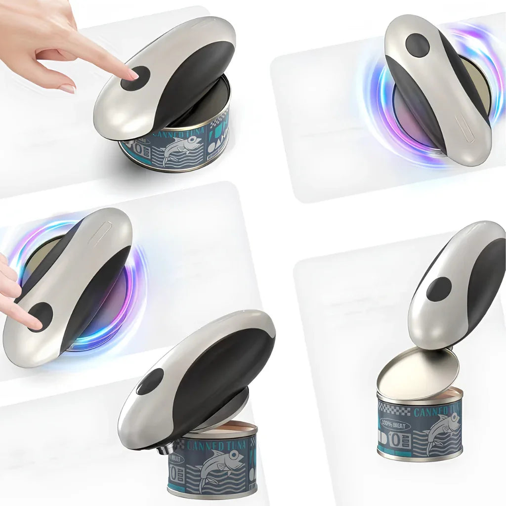 Automatic electric can opener opening a canned tuna tin, easy push-button operation