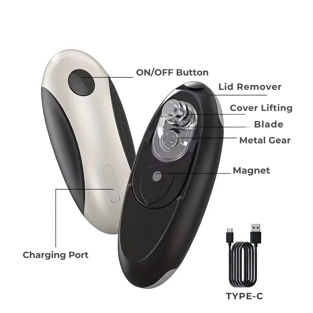 Automatic electric can opener with labeled features and USB Type-C charging cable