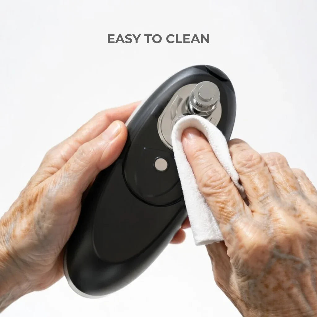 Elderly hands cleaning an automatic jar opener with a cloth, easy to clean adaptive aid