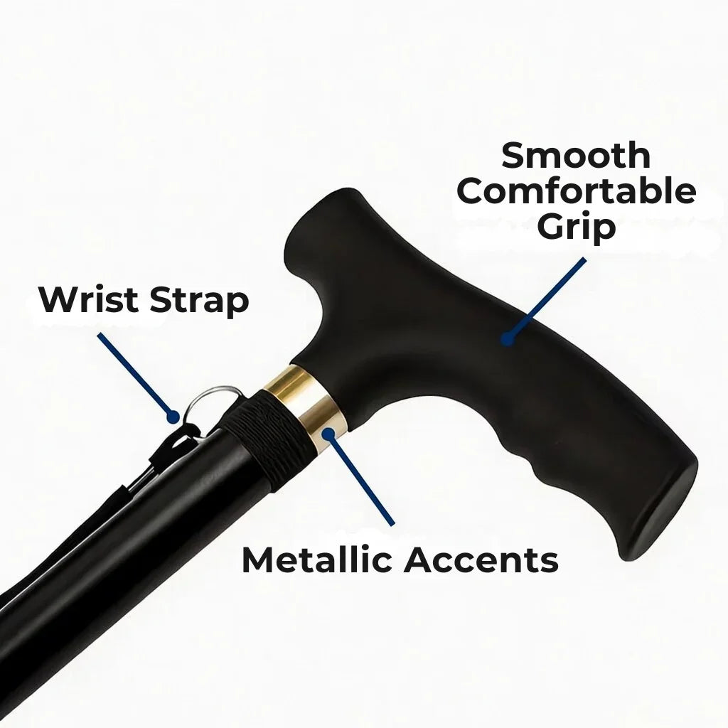 Black ergonomic walking cane with wrist strap, metallic accent, and smooth comfort handle.