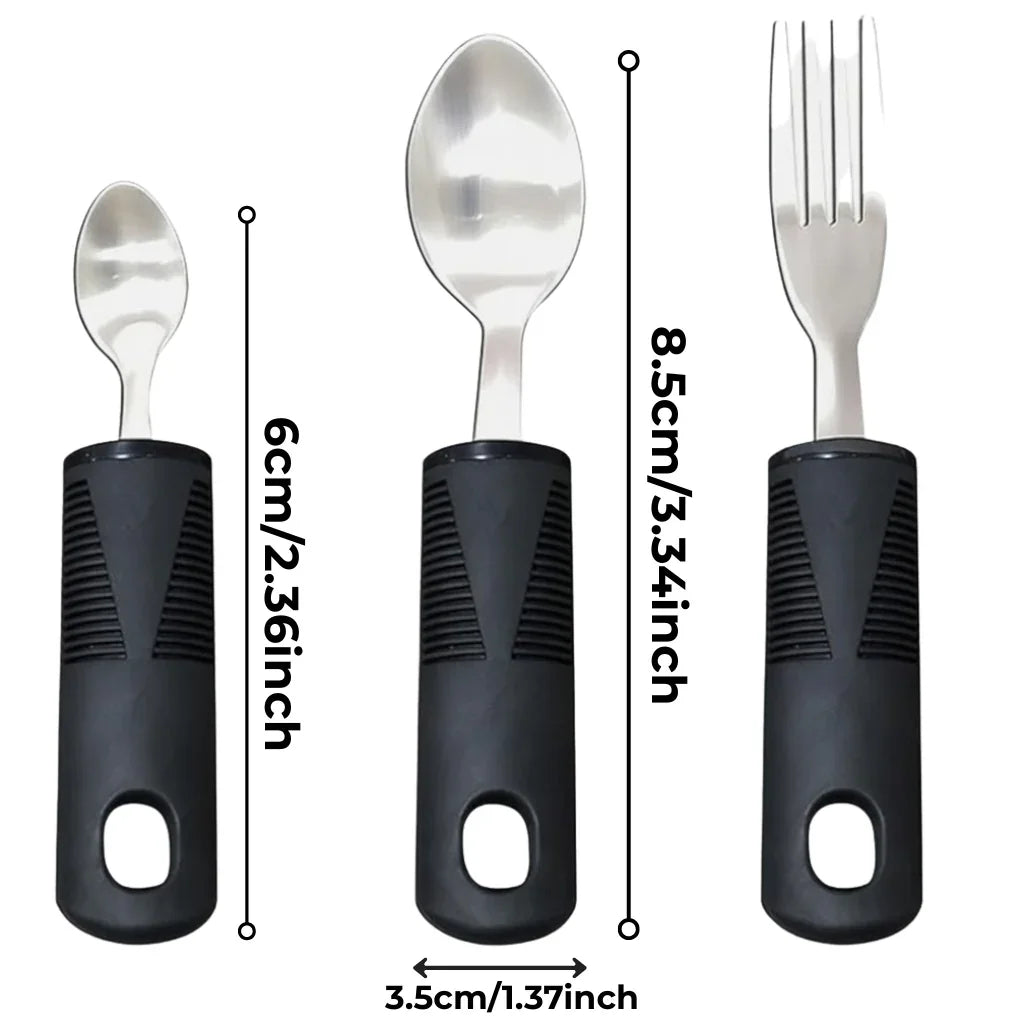 Three adaptive utensils with ergonomic black grips and size measurements, including fork and spoons.