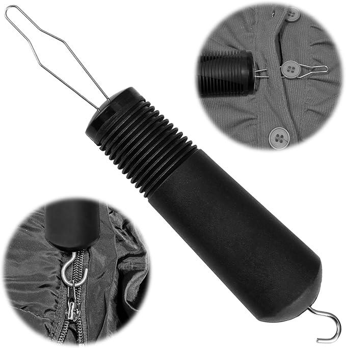 Black adaptive button hook and zipper pull tool for clothing and daily dressing aid