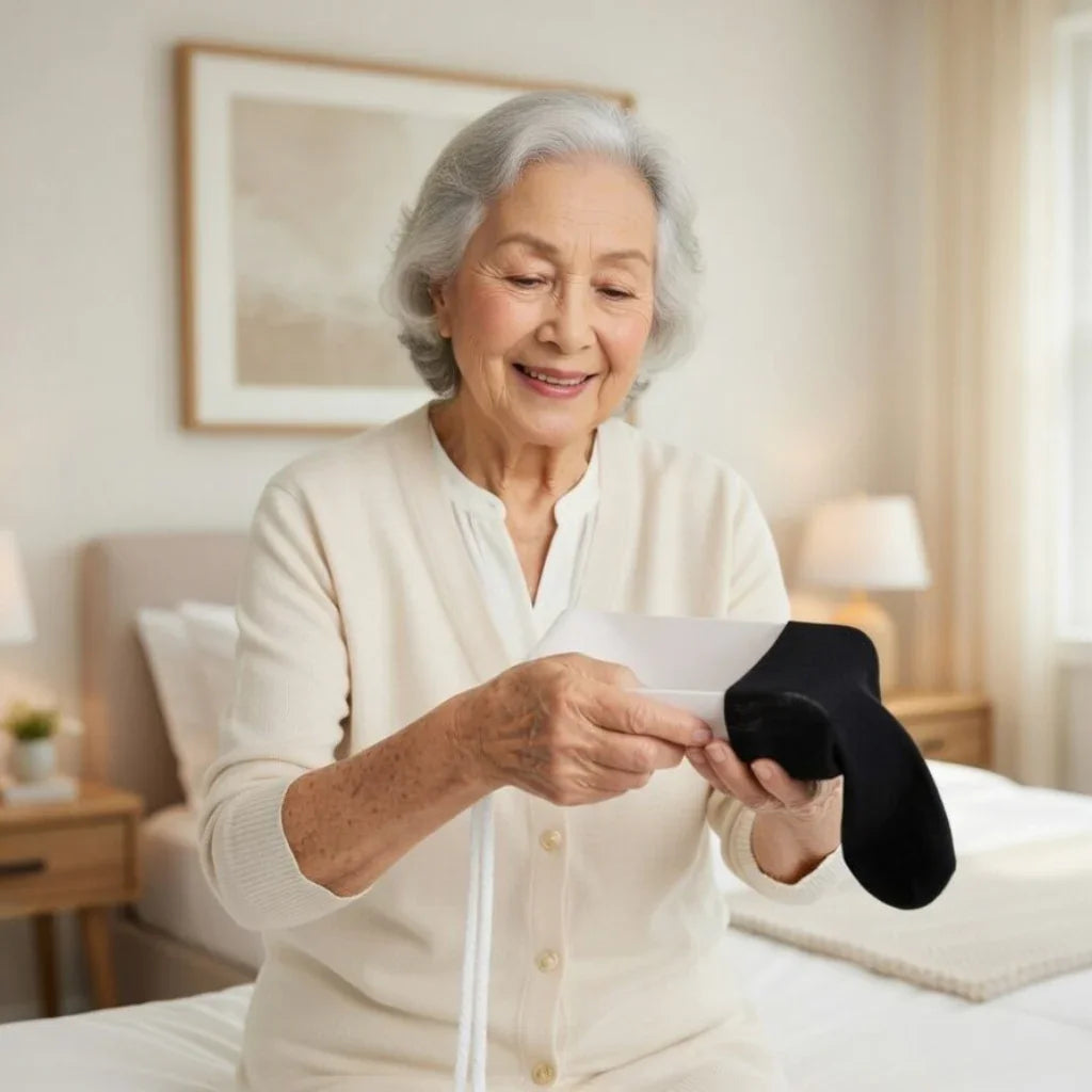 Senior woman using a sock aid device for easy sock dressing in a bedroom setting