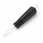 Button hook with black ergonomic handle for dressing, adaptive aid tool on white background