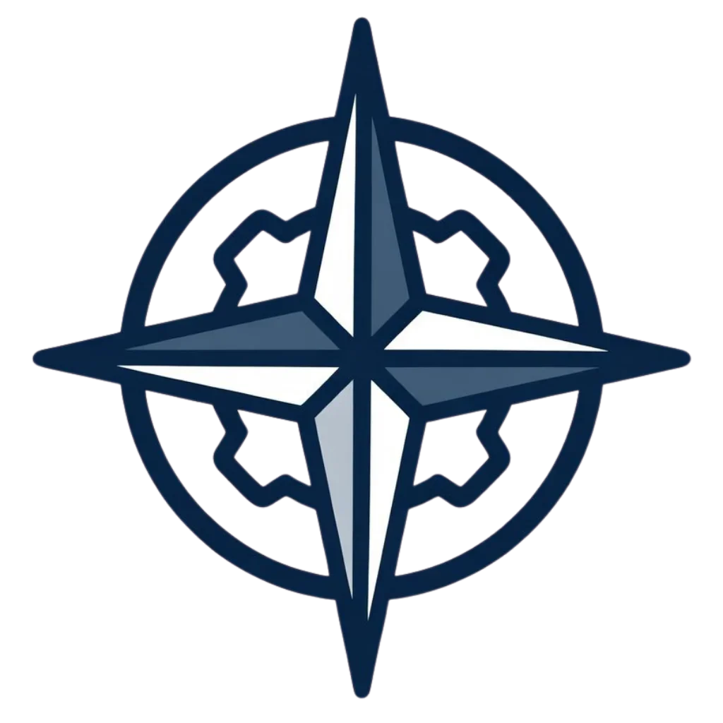 Blue compass rose with gear-shaped circle, symbolizing navigation and support
