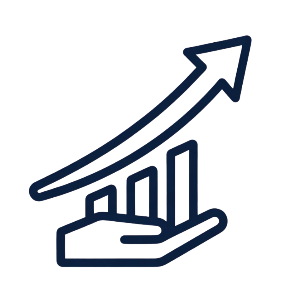 Outlined hand holding bar graph with rising arrow, symbolizing progress and growth
