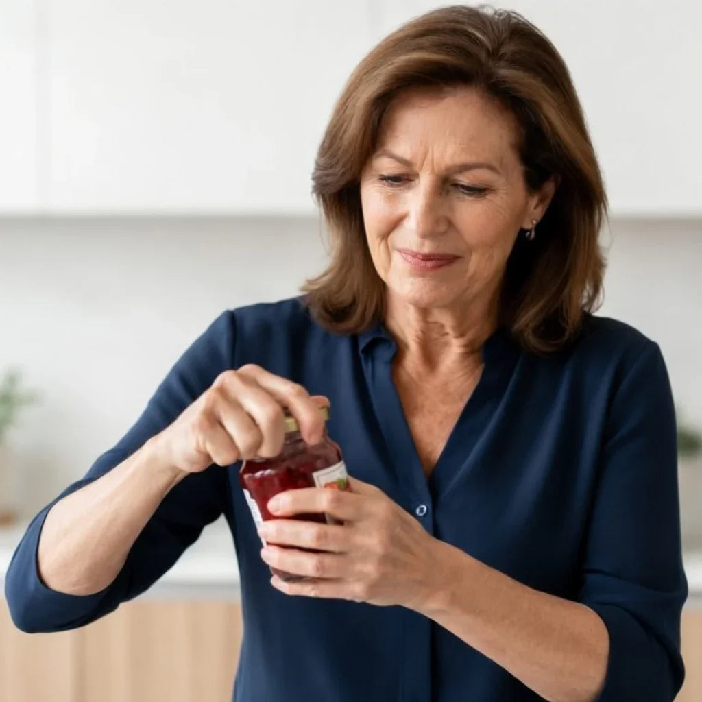 Woman with limited hand mobility trying to open a jar in a kitchen setting