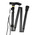 Black folding walking cane with ergonomic handle and wrist strap, adaptive mobility aid