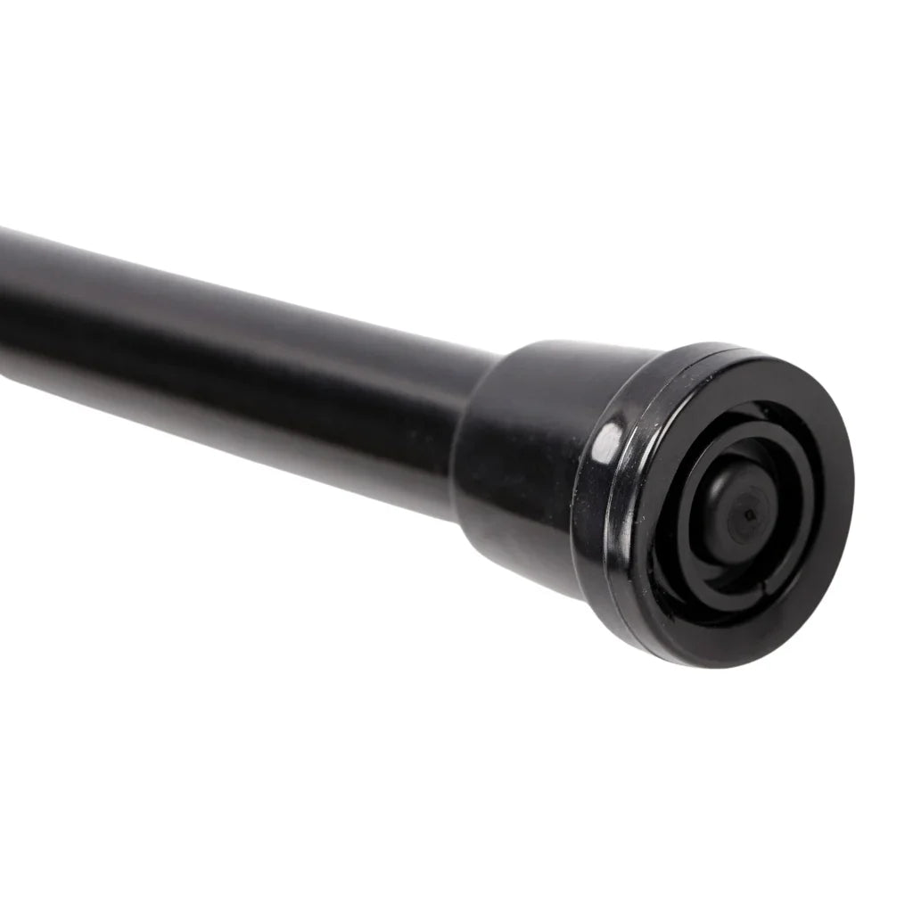 Black adjustable tension rod with non-slip rubber end for home or bathroom use