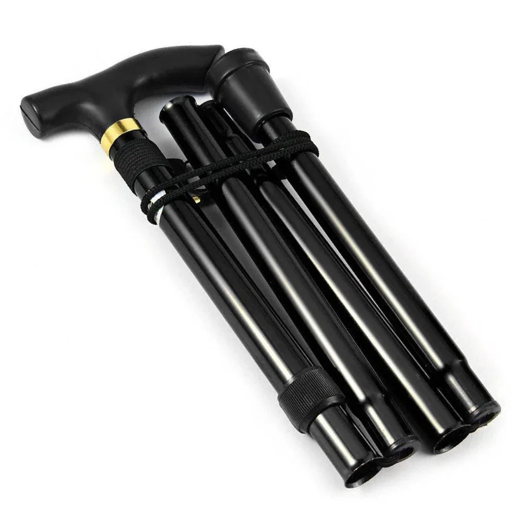 Folded black walking cane with ergonomic handle, portable mobility aid for adults