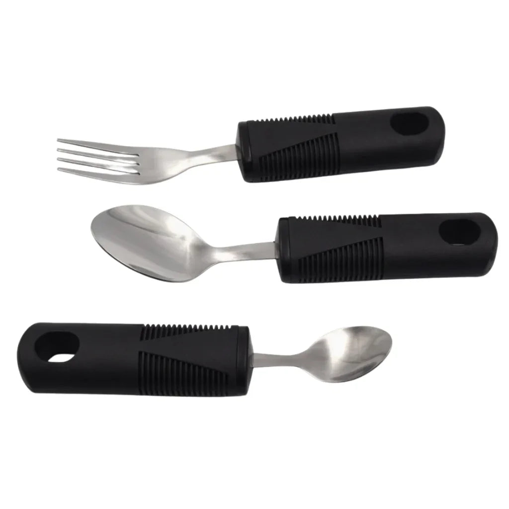 Ergonomic adaptive cutlery set with non-slip black handles for limited hand mobility