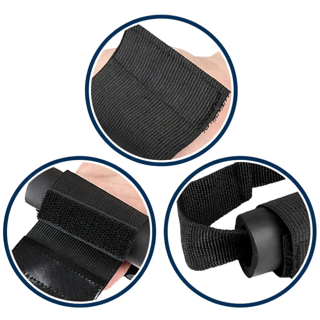 Close-up of black adaptive grip aid with Velcro straps for limited mobility or arthritic hands