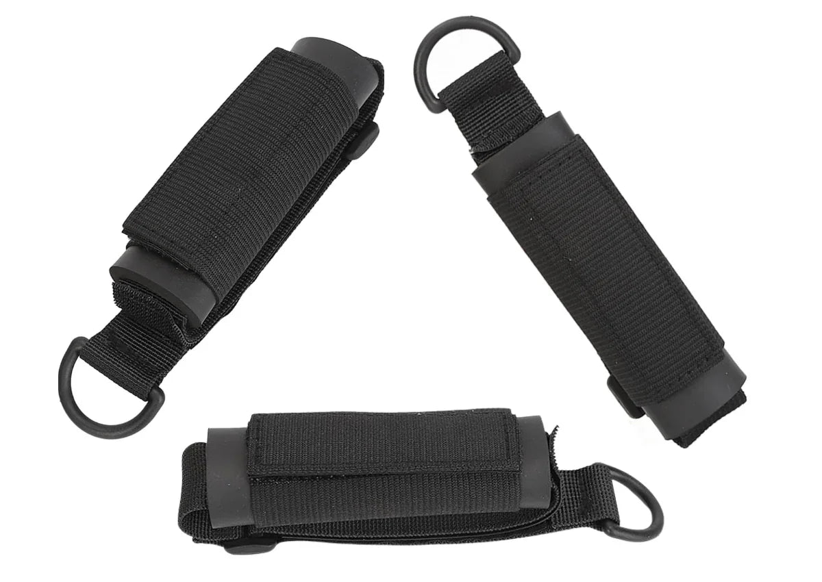 Three black adaptive grip aids with velcro straps and D-ring handles for easier gripping.