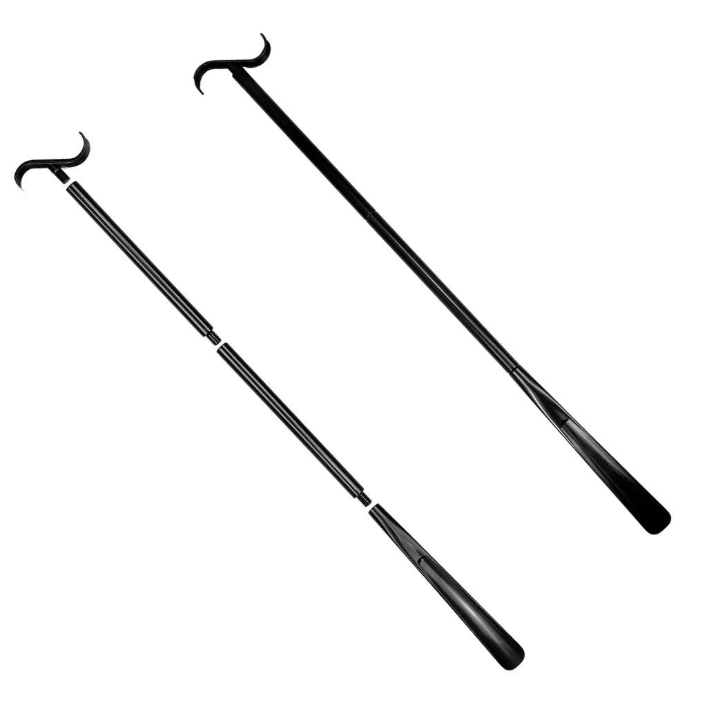 Black adaptive dressing stick with hook, shown extended and collapsed for mobility aid