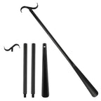 Black adaptive dressing aid kit with detachable hook and shoehorn for independent living