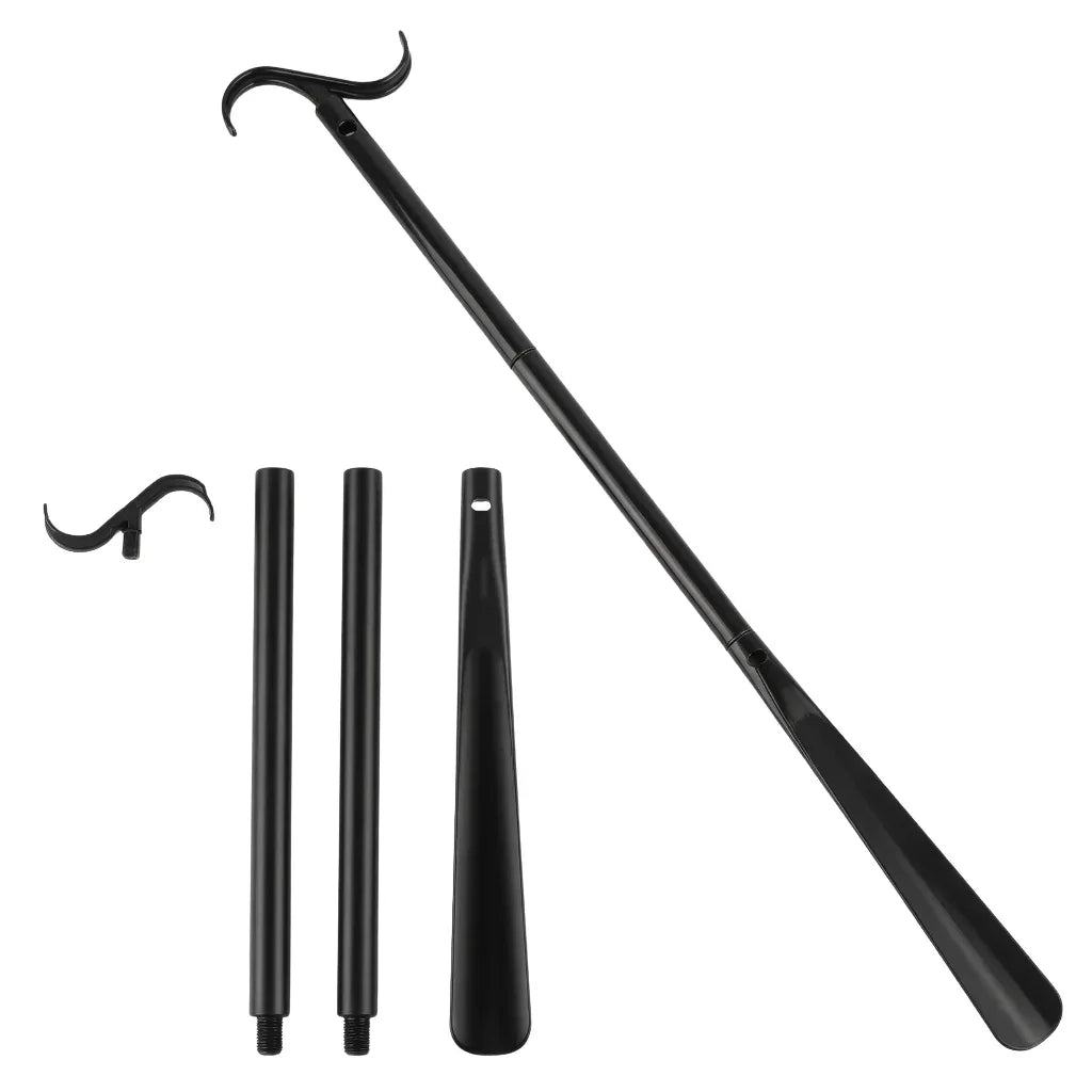 Black adaptive dressing aid kit with detachable hook and shoehorn for independent living