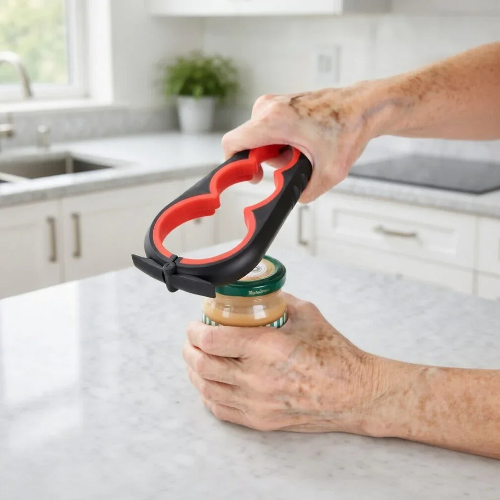 Hand using ergonomic jar opener tool on peanut butter jar in kitchen