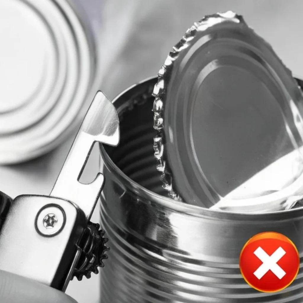 Close-up of manual can opener and sharp-edged opened tin can with a red error icon.