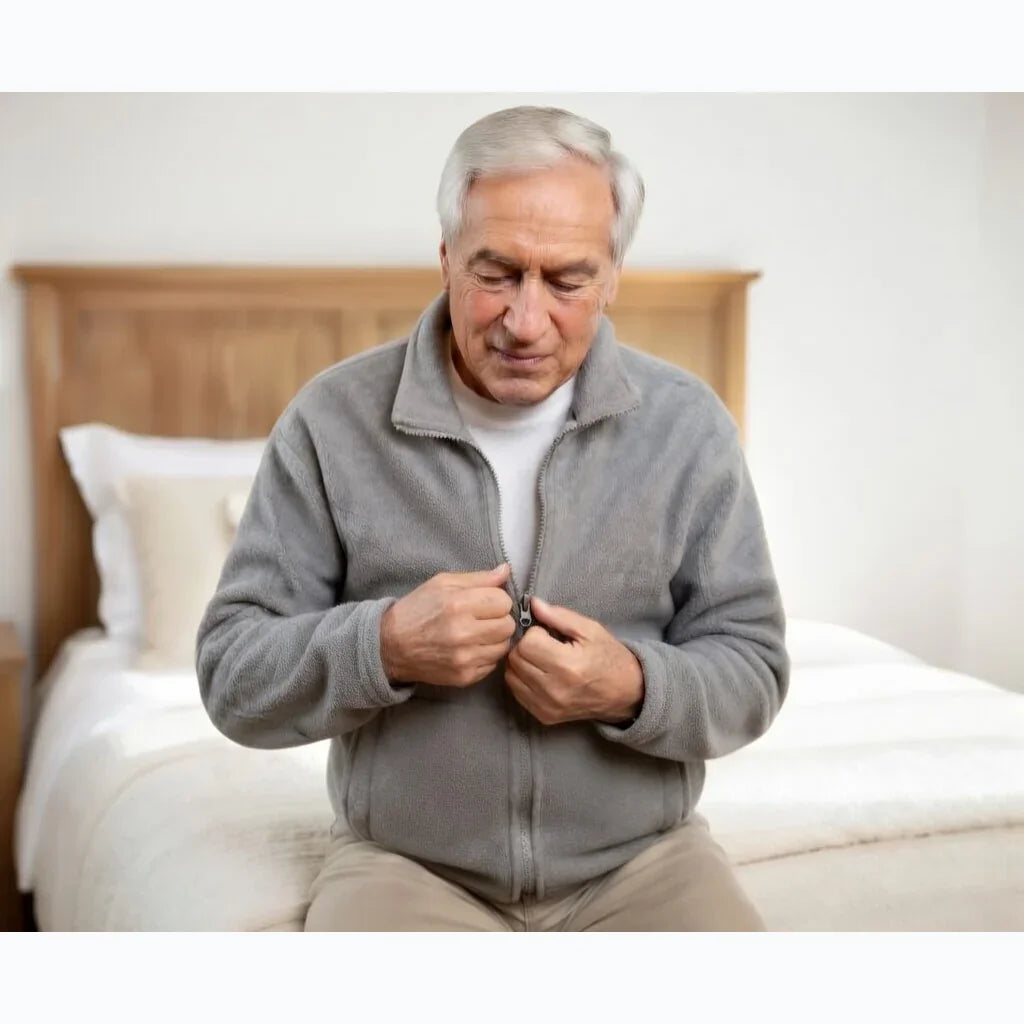 Older man with gray hair using an adaptive zipper tool on a fleece jacket, sitting on bed