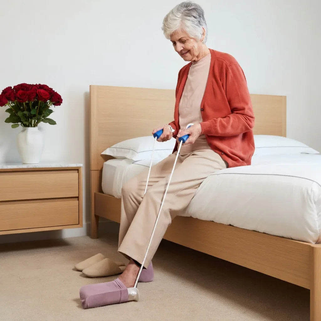 Older woman using sock aid dressing tool on bed for limited mobility assistance