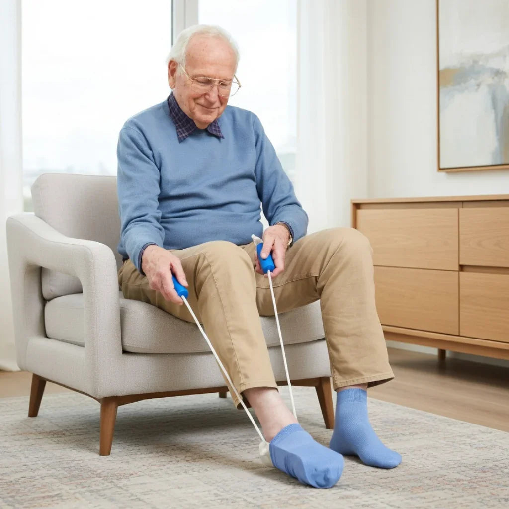 Elderly man using a sock aid device to put on socks, seated in a living room.