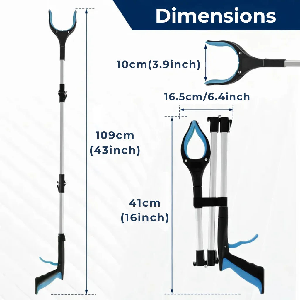 Folding reacher grabber tool with dimensions for length, jaw width, and handle size.