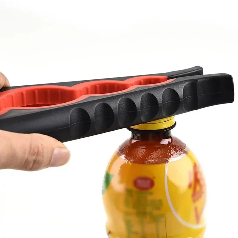 Jar opener tool gripping a bottle cap, designed for easy jar and bottle opening