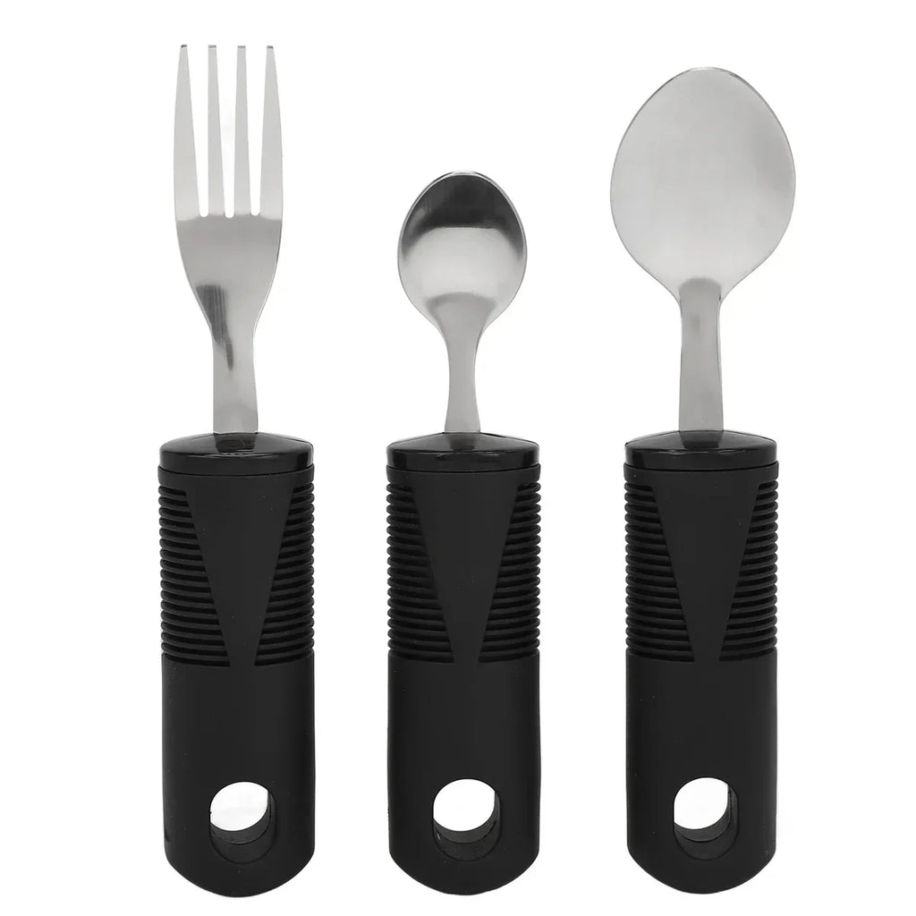 Adaptive cutlery set with large black ergonomic handles for arthritis or limited hand mobility