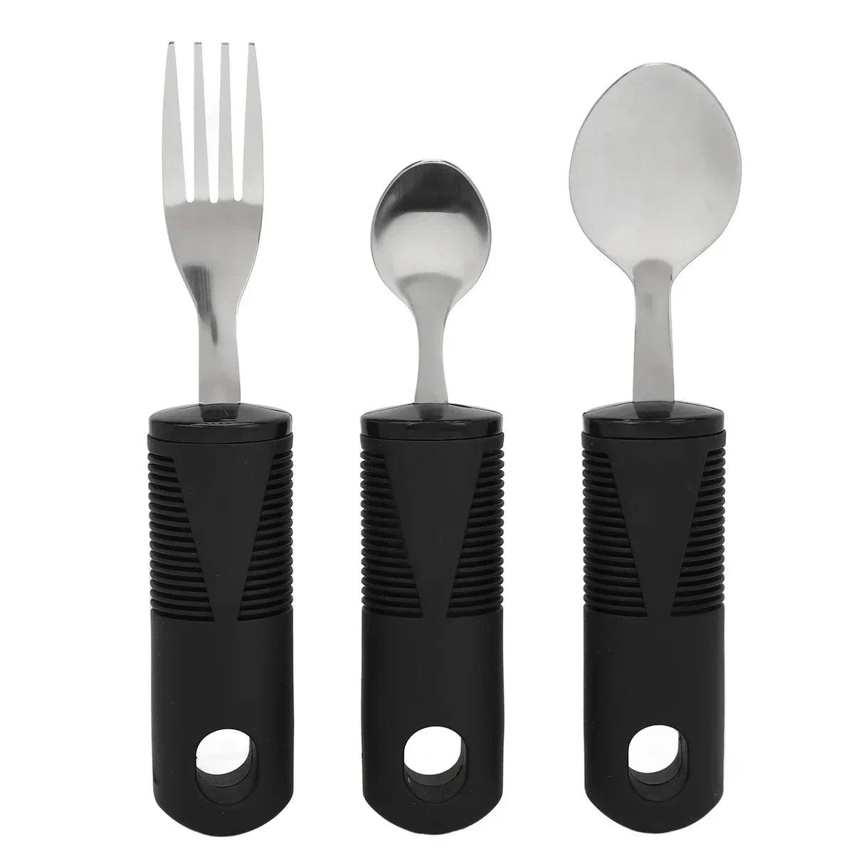 Adaptive cutlery set with large black ergonomic handles for arthritis or limited hand mobility