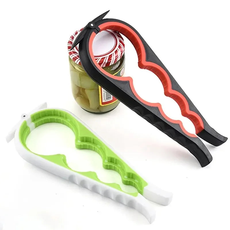 Jar openers for weak hands in black-red and green-white, next to a sealed jar