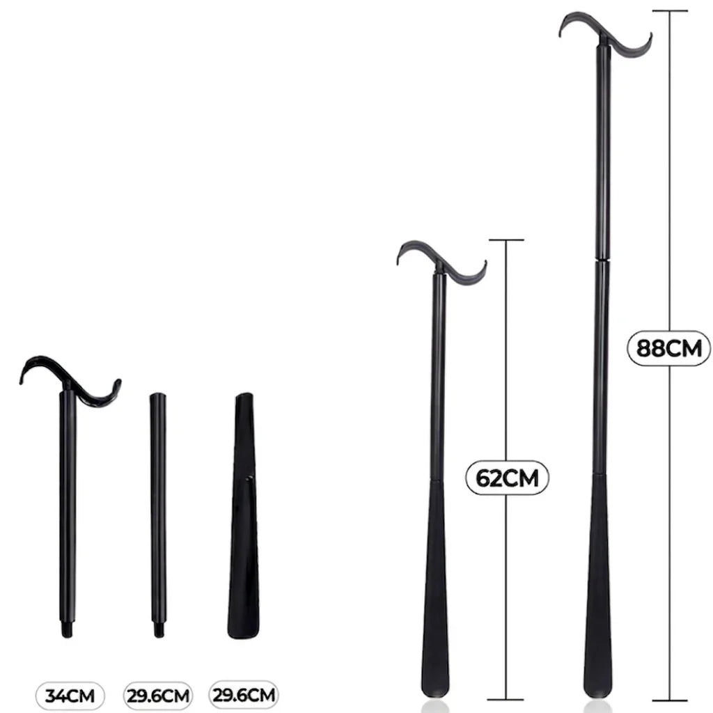 Adjustable black dressing stick for mobility aid, shown in separate and assembled lengths with hook handle