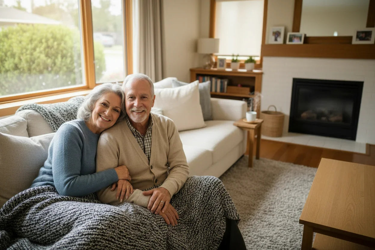 Smiling older couple relaxing together on a sofa at home, cozy under a blanket.