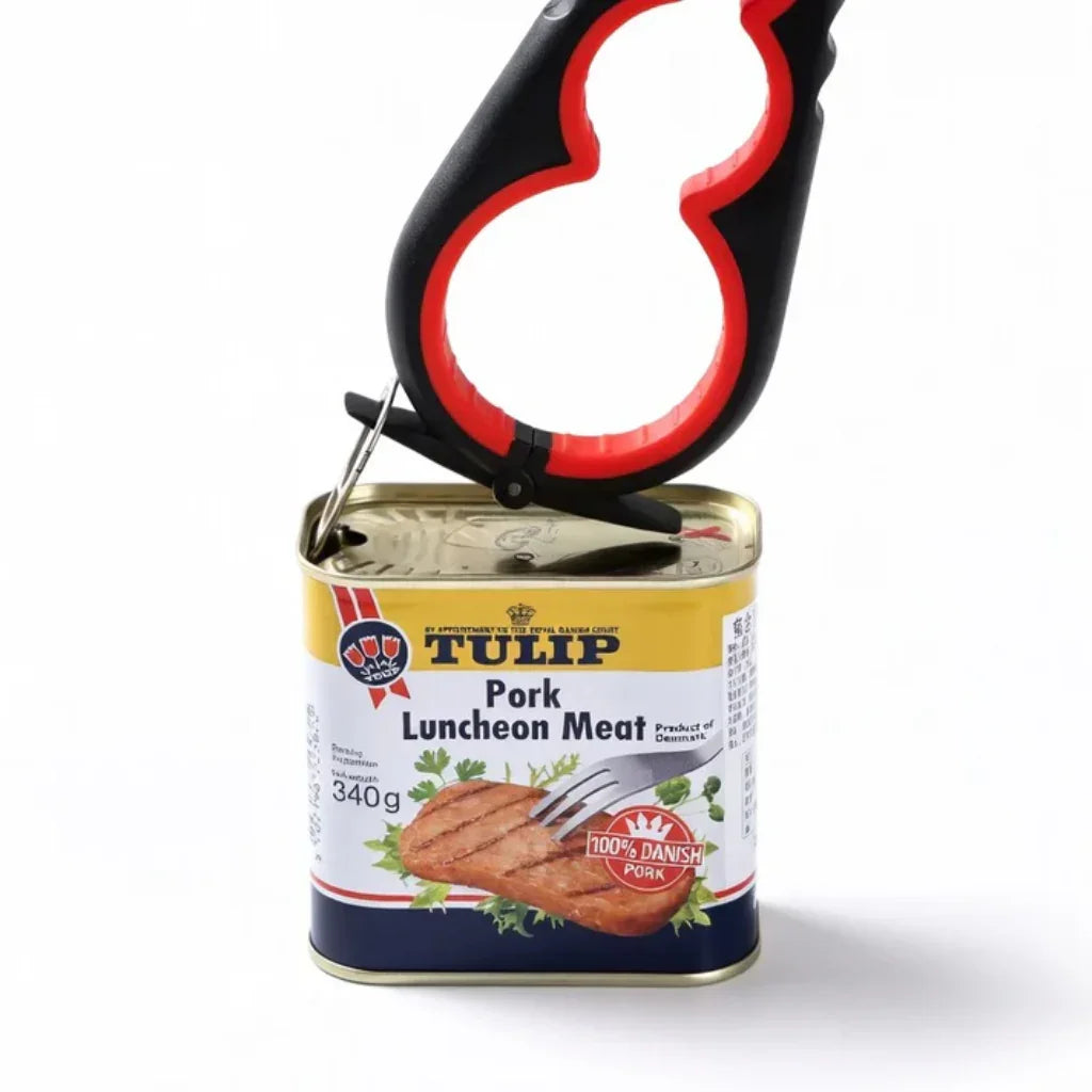 Ergonomic ring-pull assist tool opening a tin of Tulip pork luncheon meat