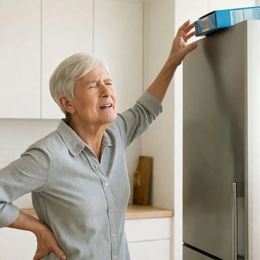 Older woman with gray hair struggles to reach item on top of fridge, showing discomfort