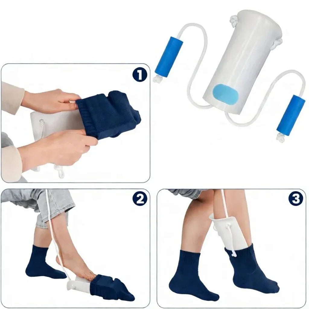 Sock aid device with foam handles showing step-by-step use for easy sock application.