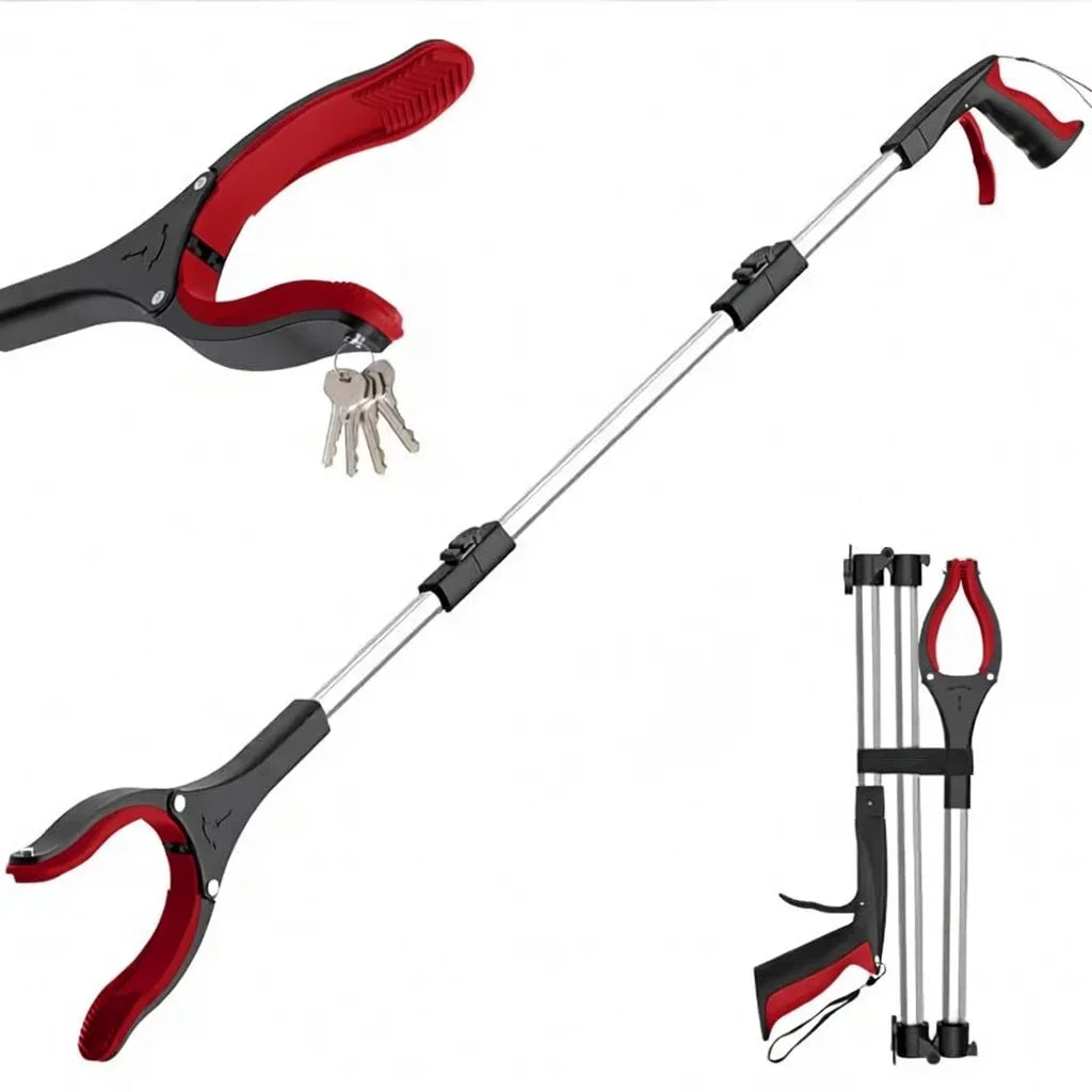 Folding grabber reacher tool for limited mobility, picking up keys, ergonomic handle