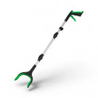Lightweight reacher grabber tool with ergonomic handle and green rubber grip tips on white background