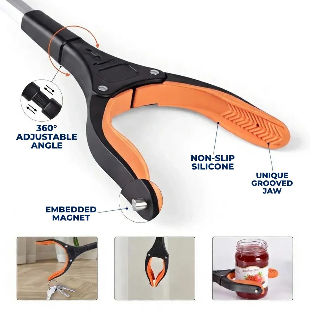 Adaptive reacher grabber tool with 360° adjustable angle, non-slip silicone grip, and embedded magnet, designed for easy picking and jar opening.