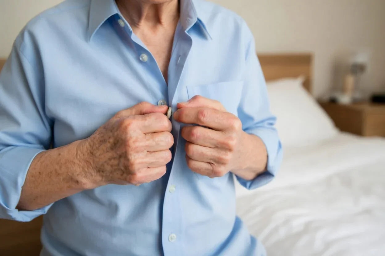 Older adult with stiff hands buttoning blue shirt, showcasing daily living difficulty