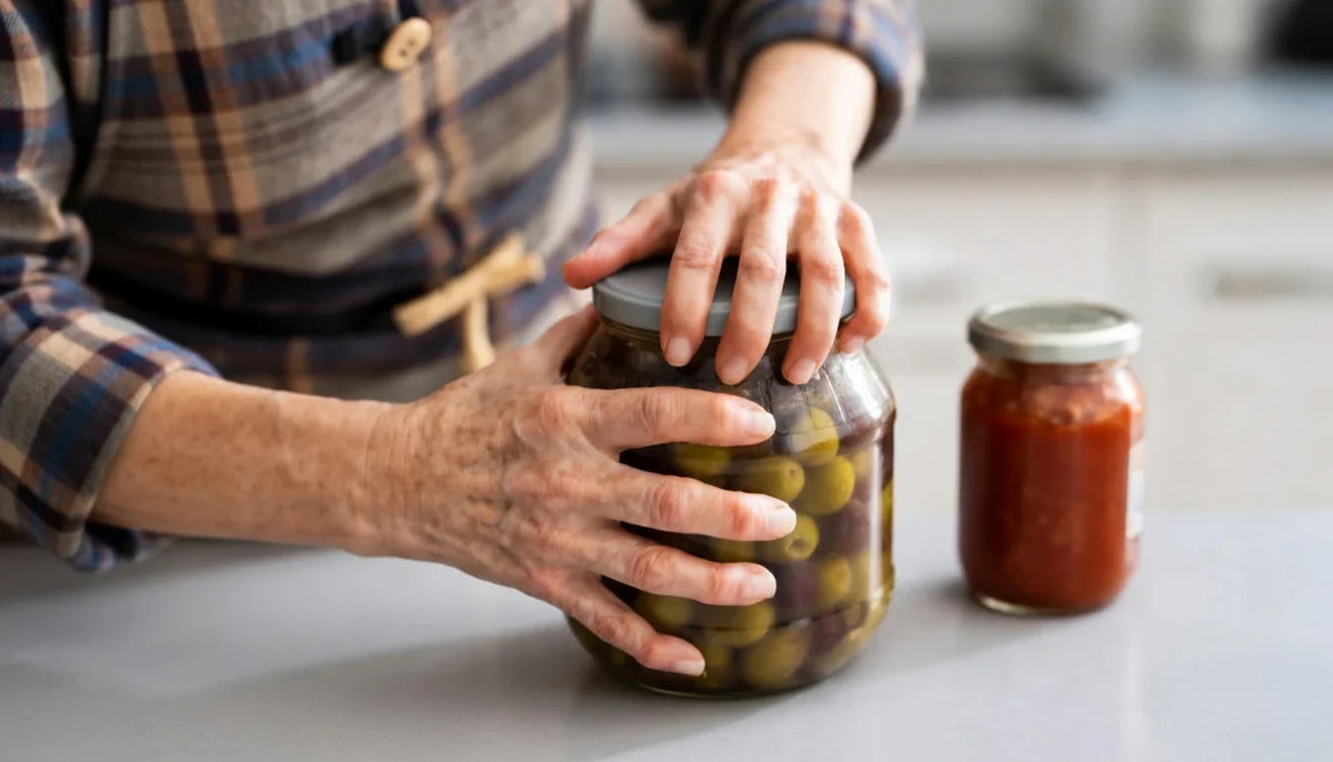 Elderly hands struggling to open a jar of olives, jar of sauce nearby on kitchen counter