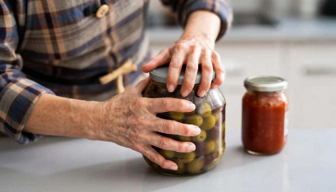 Elderly hands struggling to open a jar of olives, jar of sauce nearby on kitchen counter