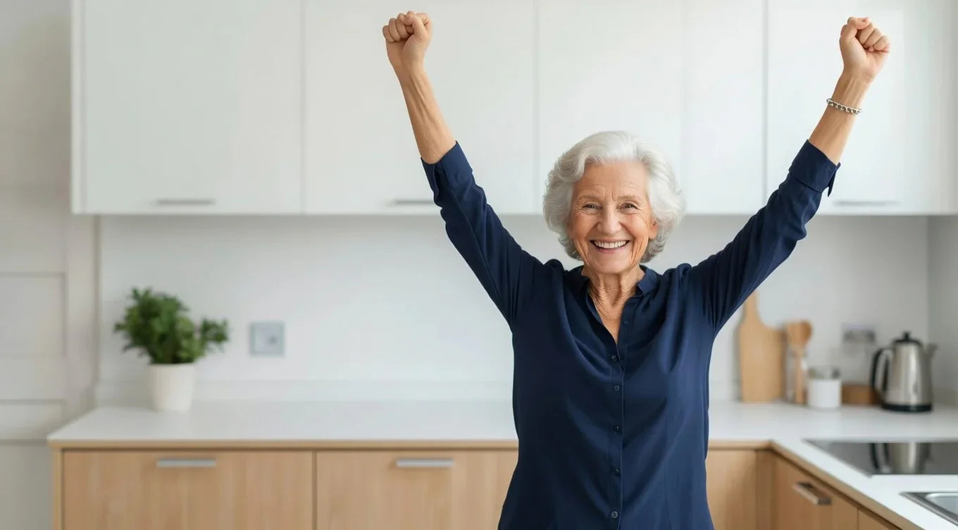 Happy senior woman with raised arms smiling in a modern kitchen, promoting independent living.
