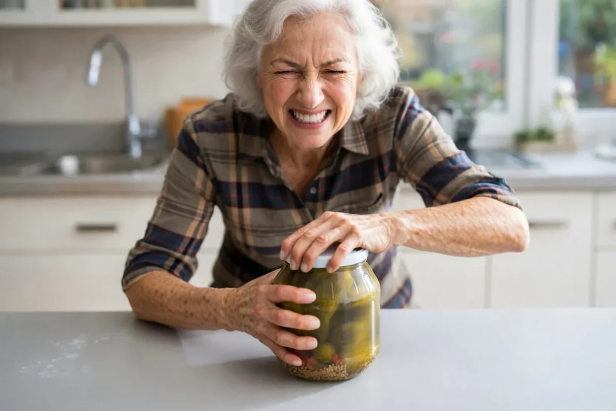 Older woman struggling to open a jar in a kitchen, showing difficulty with grip strength