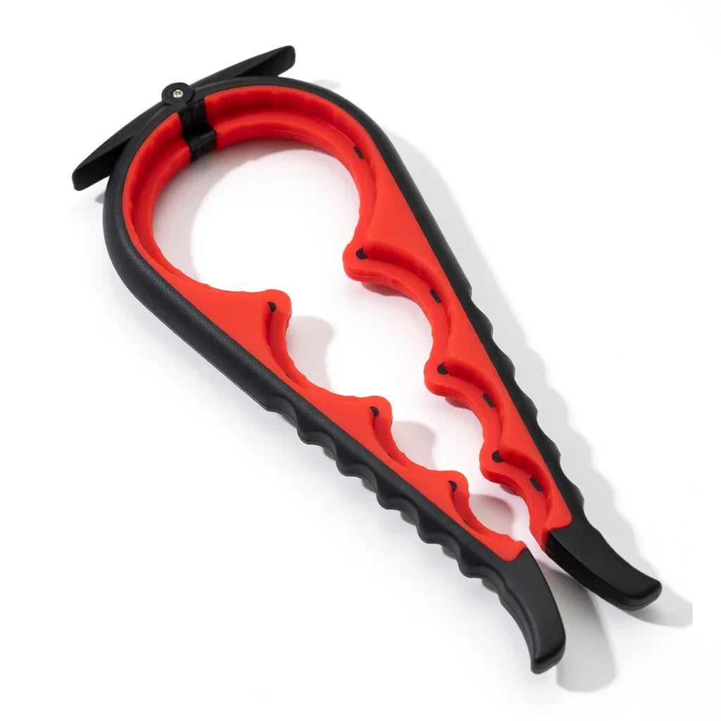 Red and black jar opener tool for arthritic hands on white background