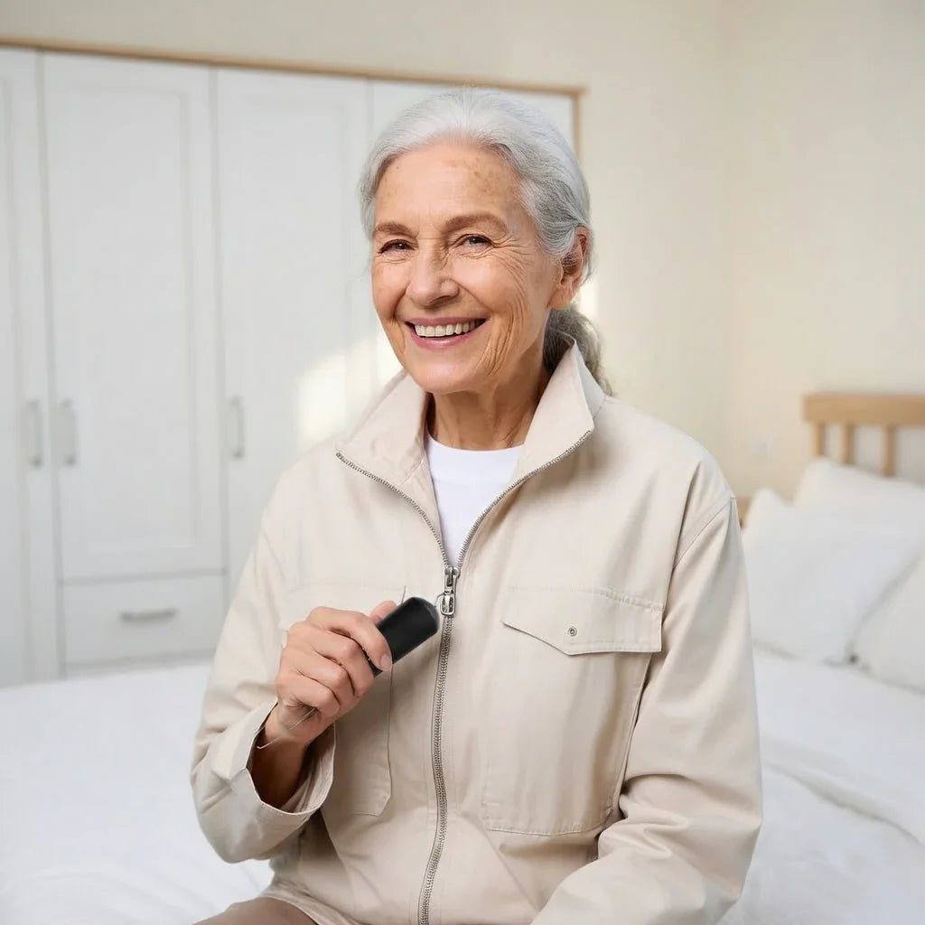 Smiling elderly woman holding adaptive aid, sitting on bed in bright bedroom