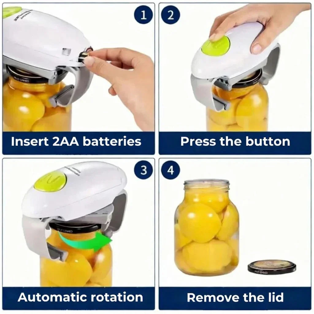 Step-by-step guide showing an automatic jar opener used on a jar of peaches