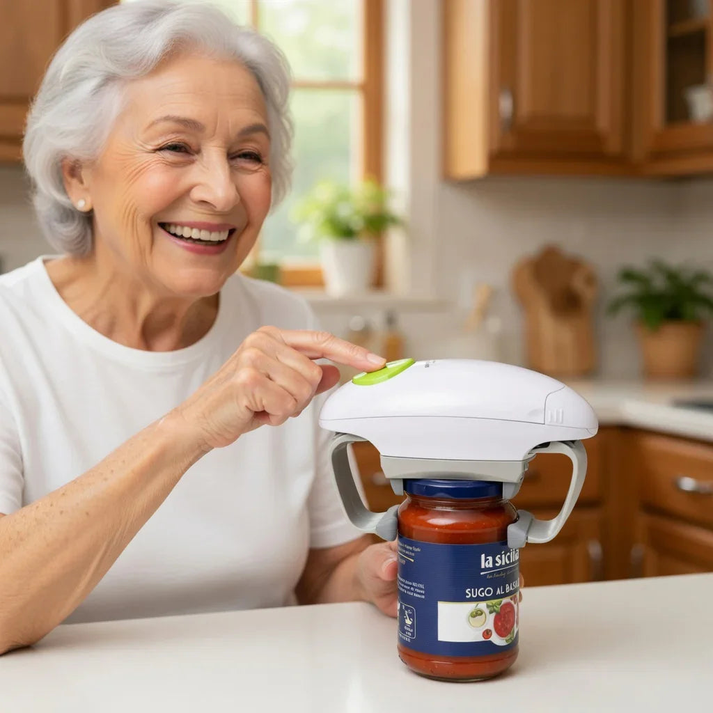 Senior woman using an automatic jar opener on a glass jar in a kitchen