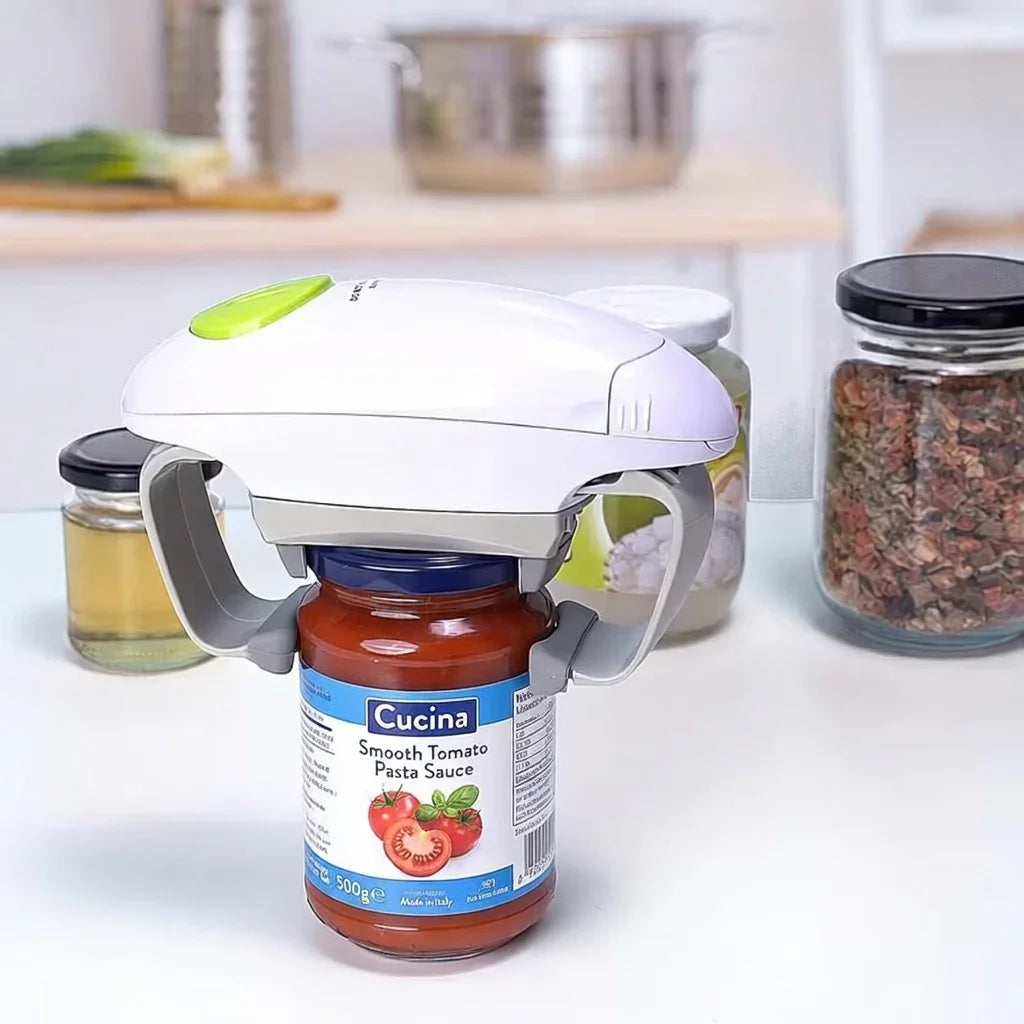Electric jar opener on a tomato pasta sauce jar in a kitchen, adaptive aid for easy opening.
